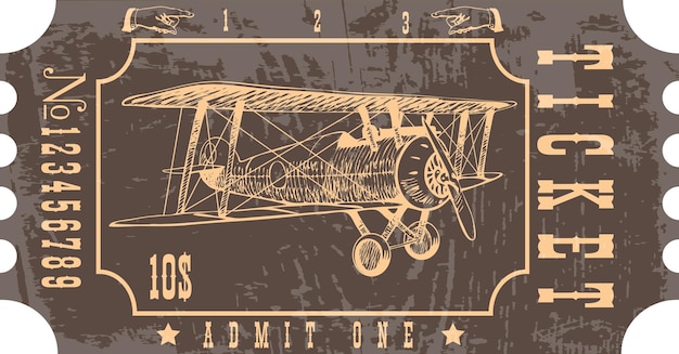 오래된 글라이더의 이미지가 있는 빈티지 스타일의 비행기 티켓 벡터 이미지