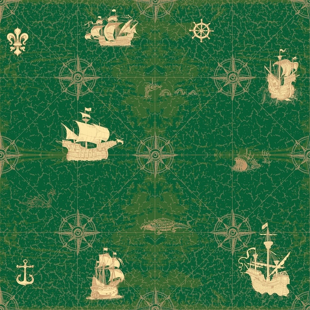 векторное изображение древней морской карты морских путей средневековых кораблей