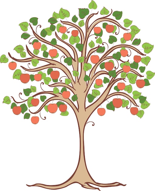 Векторное изображение яблони со спелыми красными яблоками