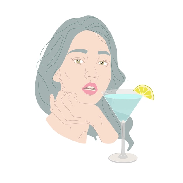 Vector image asian girl with a cocktail