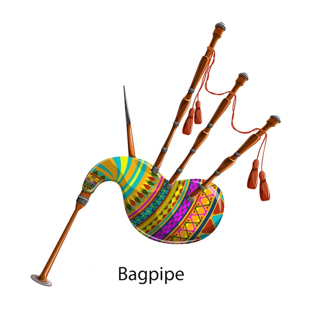 Vector vector image of a bagpipe in bright colors and tassels on a white background in cartoon style concept eps 10