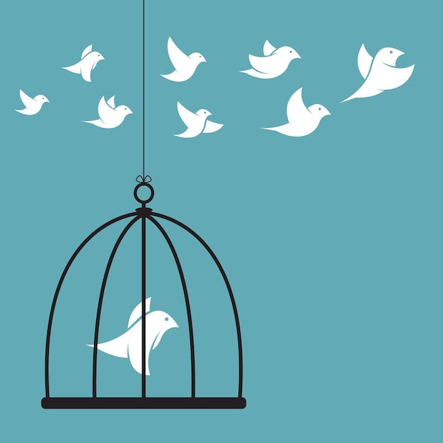 Vector image of a bird in the cage and outside the cage. Freedom concept