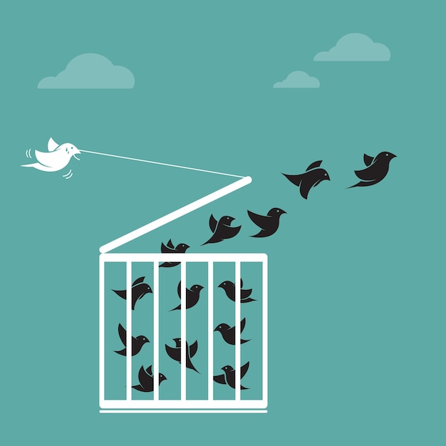 Vector vector image of a bird in the cage and outside the cage. freedom concept