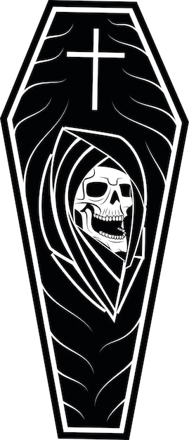 Vector vector image of a black coffin with skull on the front isolated on transparent background
