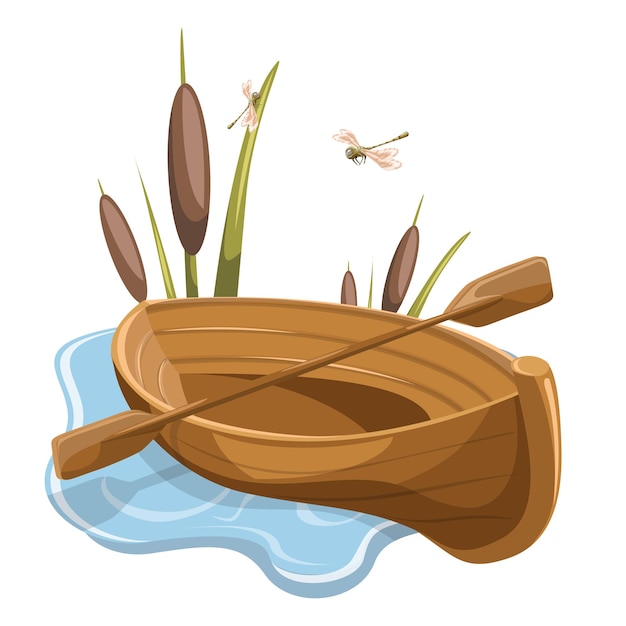 Vector image of a boat with oars laid up near the shore in the reeds