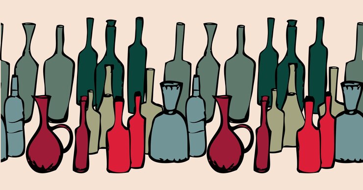 Vector vector image of border from various drawn colorful wine bottles