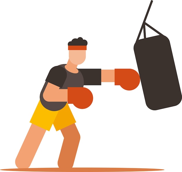 Vector image of a boxer hitting a punching bag, isolated on white background