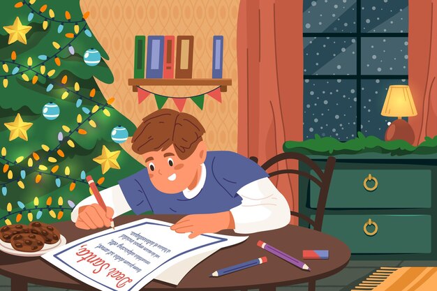 Vector vector image of boy writing letter to santa claus winter holiday or merry xmas postcard