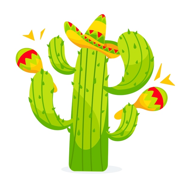 Vector image of a cactus in a sombrero playing maracas in a cartoon style