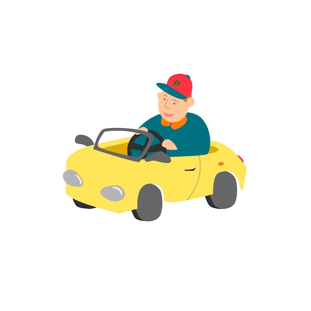 Vector image of a child in a children's toy yellow car