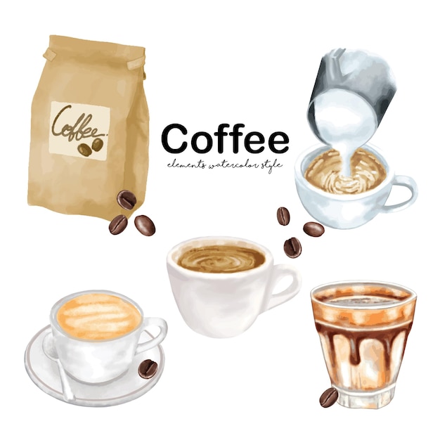 Векторное изображение кофе и кофейных зерен, живопись в стиле акварели