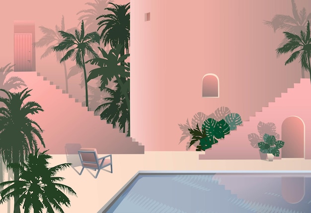 Vector image, courtyard in a tropical city with palm trees and a swimming pool