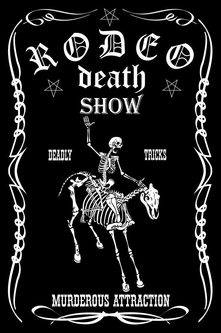 vector image of cowboy skeleton on horse skeleton in rodeo poster style cartoon graphics