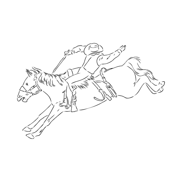 Vector image of a cowboy on a wild horse mustang decorating it at a rodeo in the style of