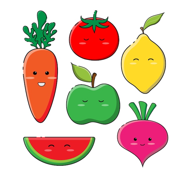 Vector image of cute fruits and vegetables Carrot tomato lemon apple radish and watermelon in a cute kawaii style for modern designs