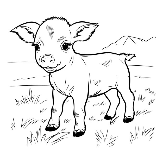 Vector image of a cute little pig on a meadow Farm animal