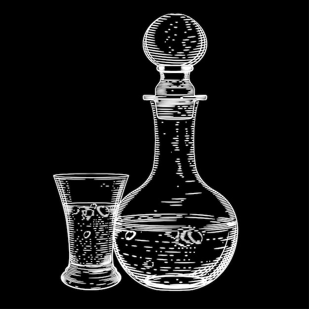 Vector image of a decanter of vodka and a glass of vodka on black 