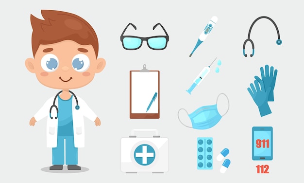 Vector image of a doctor with a set of medical items.