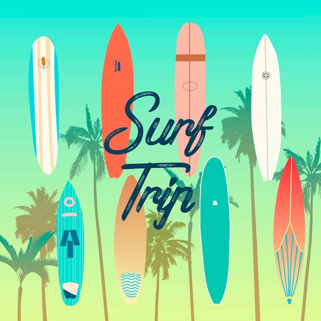 Vector image eight bright surfboards