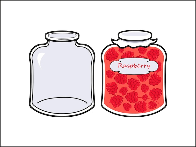 Vector vector image of an empty glass jar and a jar filled with raspberry jam