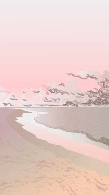 Векторное изображение, вечерний пляж со спокойной розовой водой