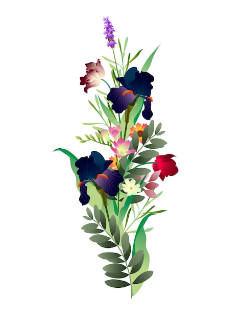 多くの異なる美しい花で構成されたお祝いの構図のベクター画像。