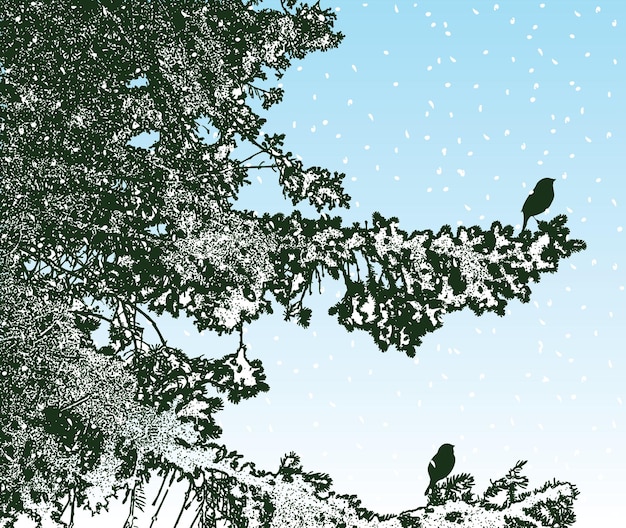 Vector image of fir branches in winter forest on snowy day