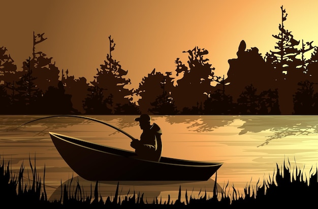 Vector image of a fisherman on a boat in the background of the forest