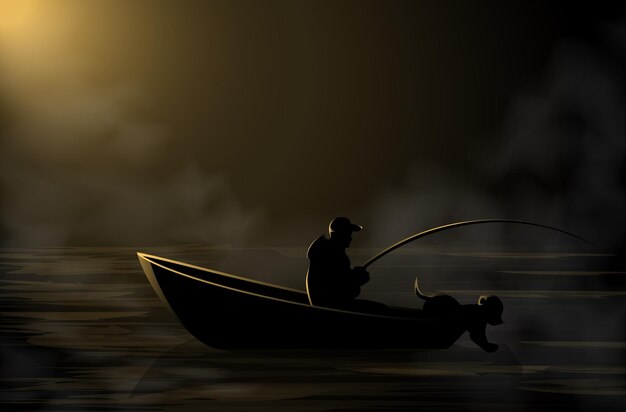 Vector image of a fisherman on a boat with a dog in the dark in the fog