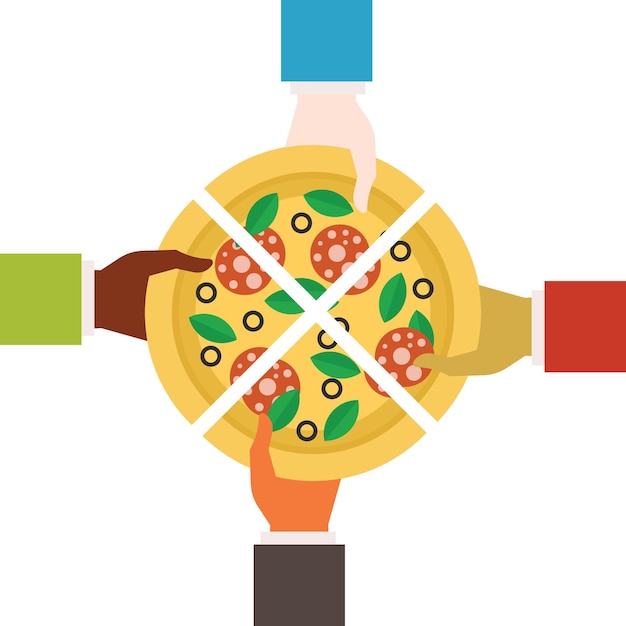 Vector Image Of Four Hands Taking A Piece Of Pizza Food Illustration