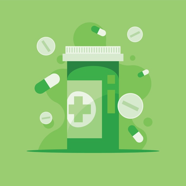 Vector vector image of a green bottle with pills isolated on transparent background