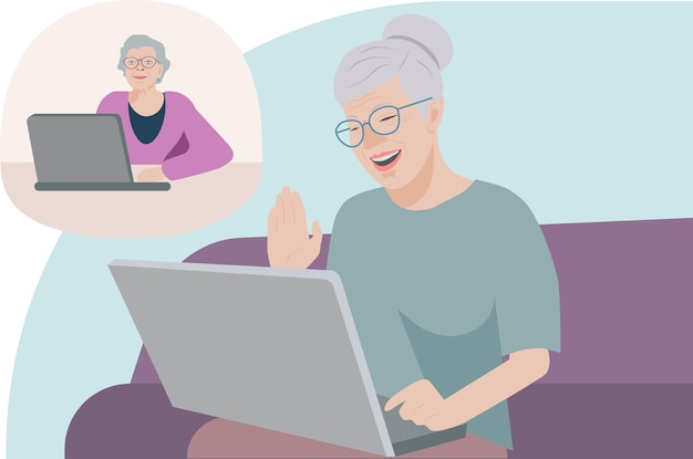 Vector image of happy grandmothers who communicate via video link video call vector illustration