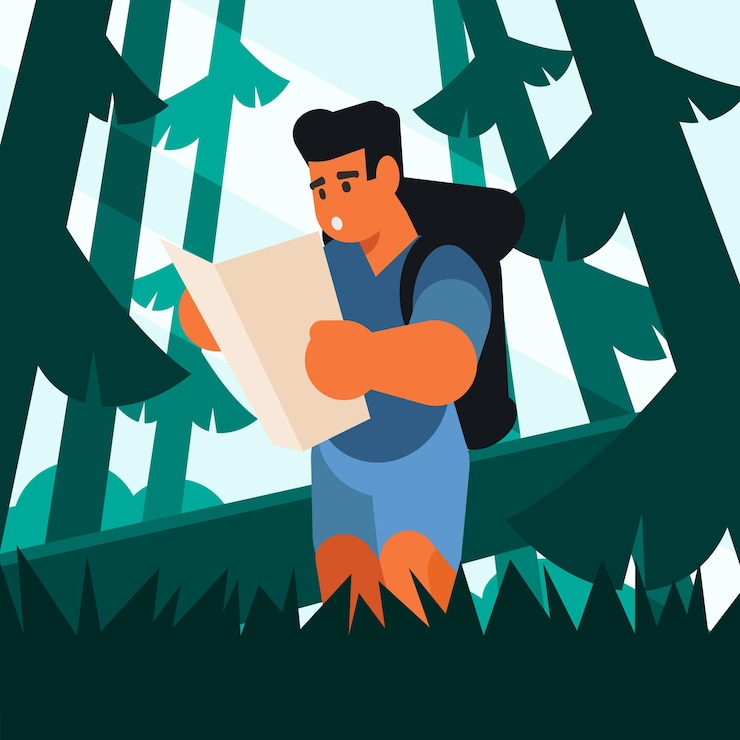 Vector vector image of a hiker reading a map in the forest isolated on transparent background