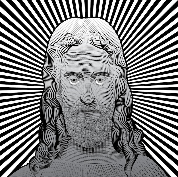 Vector vector image of jesus christ in the style of classical graphics postcard engraving icon