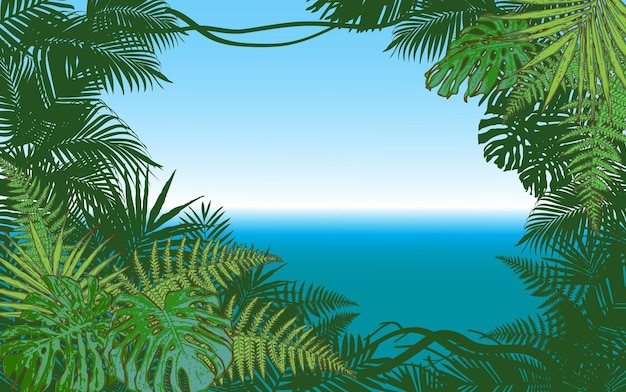 vector image of jungle palm trees as frame for text on sea background