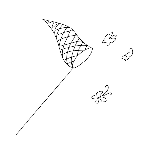 Vector image of linearly drawn butterflies and butterfly net