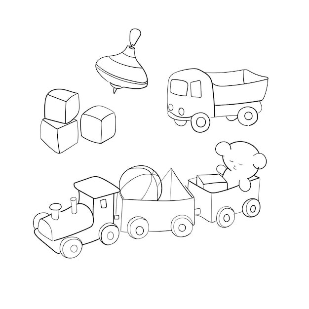 Vector image of linearly drawn children's toys