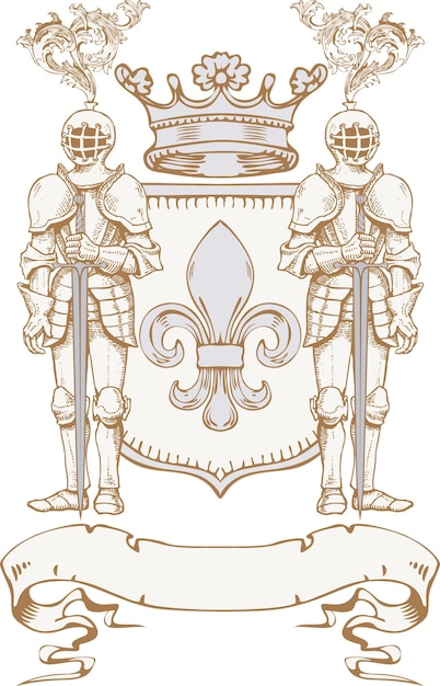 vector image of a medieval coat of arms with knights in armor, ancient style graphics