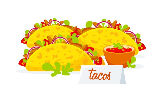 Vector vector image of mexican tacos and sauce in cartoon style