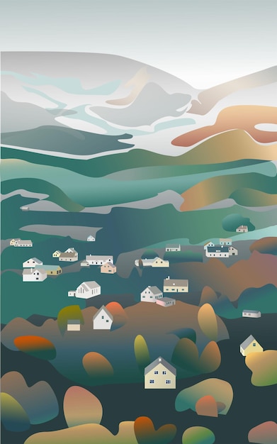 Vector image mountain landscape with a village in a dense forest