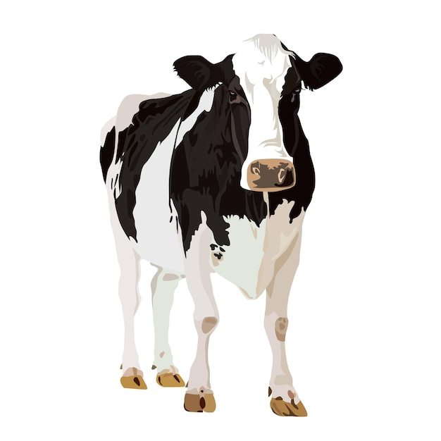 Vector image of a naturalistically drawn white cow with black spots on a white isolated backgroun