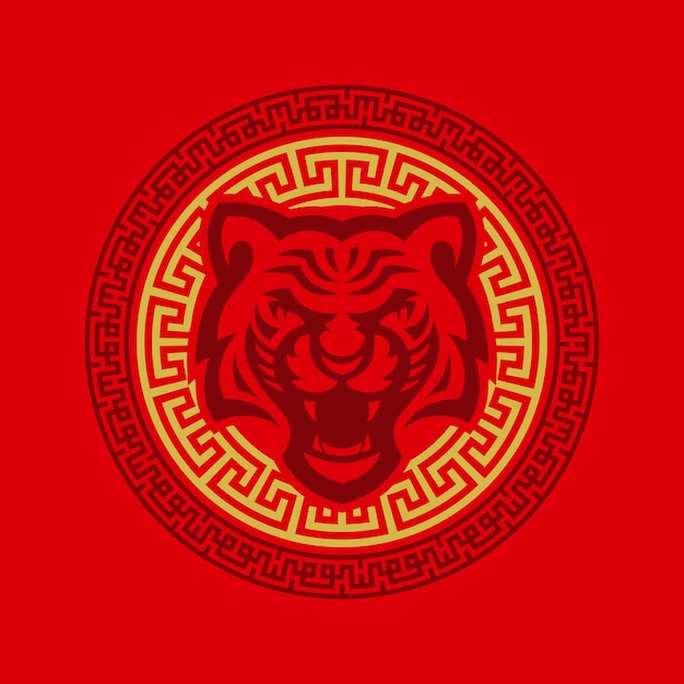 韓国の装飾品に囲まれた東洋の新年の虎のシンボルのベクトル画像