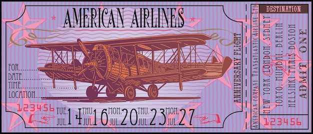 ベクトル ヴィンテージスタイルの飛行機のチケットのベクトル画像と古いグライダーの画像