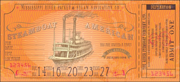 古いヴィンテージミシシッピ蒸気船チケットのベクトル画像