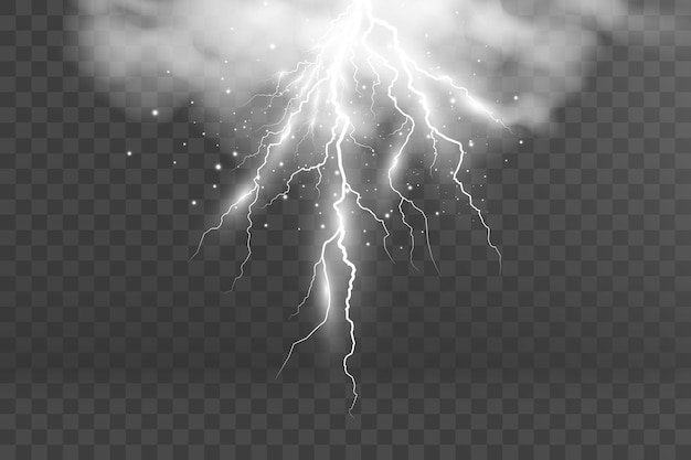 透明な背景に雷の現実的な稲妻のフラッシュのベクトル画像