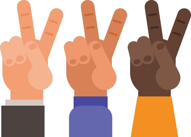 Векторное изображение трех рук, показывающих знак победы с пальцами, изолированными на прозрачном фоне