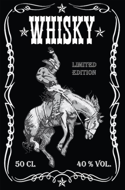 Векторное изображение винтажной этикетки с ковбоем на дикой лошади для виски в художественном стиле