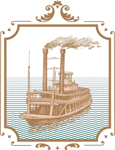 Vector vector image of old steamer misishippi in vintage postcard style