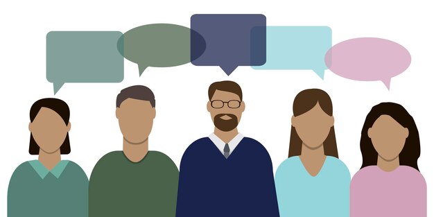 Vector image of people with conversation icons Silhouettes of people in communication Debate illustration