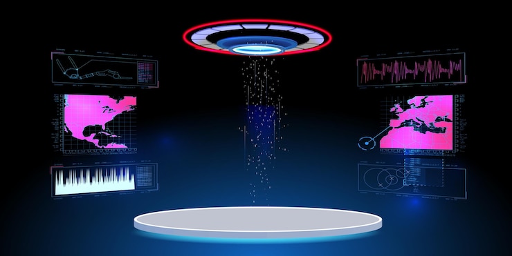 Vector vector image presents a futuristic concept of currency exchange featuring vibrant neon representati